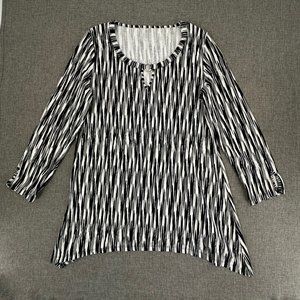Anne Klein Sport Asymmetrical Tunic Top Small Black White Gray Cotton Keyhole Ne